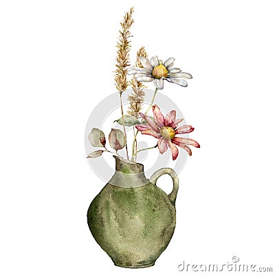 Watercolor autumn bouquet in vase of flowers and dry spikelet. Hand painted meadow aster and leaves isolated on white Cartoon Illustration