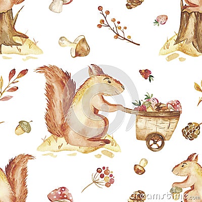 Watercolor autumn children set, card with cute squirrel, nuts, trolley. Stock Photo