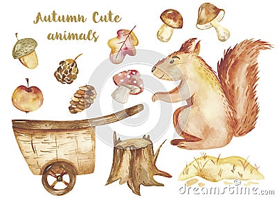 Watercolor autumn children set, card with cute squirrel, nuts, trolley. Stock Photo