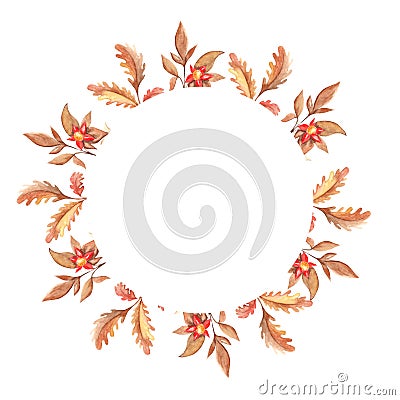 Watercolor autumn circle forest frame with oak leaves, branches and red berries isolated on white background. Hand drawn Cartoon Illustration