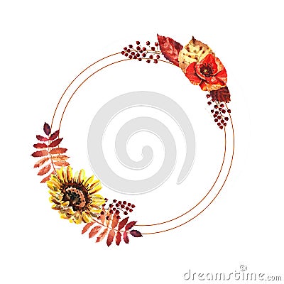 Watercolor autumn circle frame with leaves, berries and flowers Stock Photo