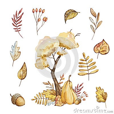 Watercolor autumn composition tree and leaves Stock Photo