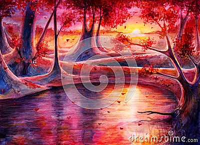 Watercolor autumn forest landscape with sunset, hand drawn painting, fantasy art with nature, beautiful background by watercolor a Stock Photo