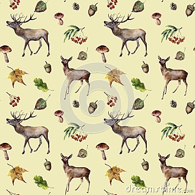 Watercolor autumn forest pattern. Hand painted seamless ornament with deers, rowan, mushrooms, acorn, fall leaves Cartoon Illustration