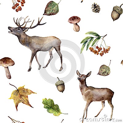 Watercolor autumn forest seamless pattern. Hand painted ornament with deers, rowan, mushrooms, acorn, fall leaves Cartoon Illustration