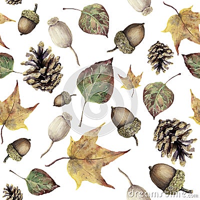 Watercolor autumn forest seamless pattern. Hand painted pine cone, acorn, berry and yellow and green fall leaves Cartoon Illustration