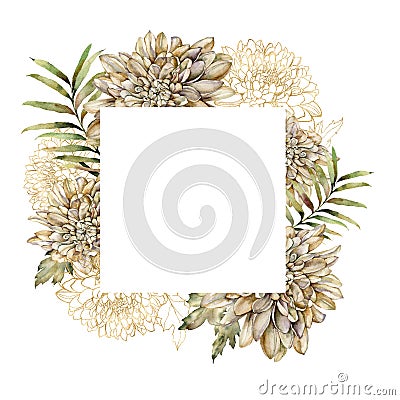 Watercolor autumn frame of gold dahlia and linear leaves. Hand painted flowers isolated on white background. Floral Cartoon Illustration