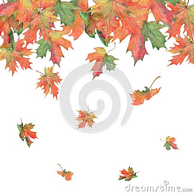 Watercolor autumn. Horisontal border of leaves Stock Photo