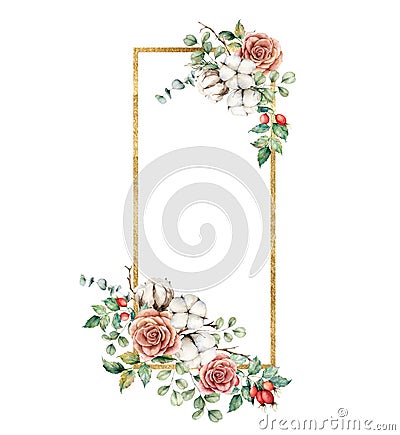 Watercolor autumn gold frame with roses, cotton, dogroses and eucalyptus branches. Hand painted rustic card isolated on Cartoon Illustration