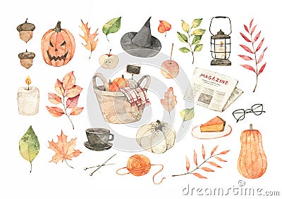 Watercolor Autumn illustrations. Halloween. Fall leaves, acorns, basket with pumpkins, pie, magazine. Forest design elements. Cartoon Illustration