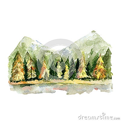 Watercolor autumn landscape, fall trees, mountain illustration, travel illustration. Forest Cartoon Illustration