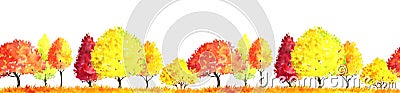 Watercolor autumn landscape with trees Cartoon Illustration