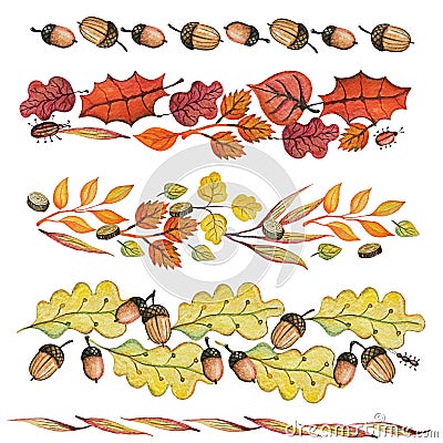 Watercolor autumn leaves,acorn border set Cartoon Illustration