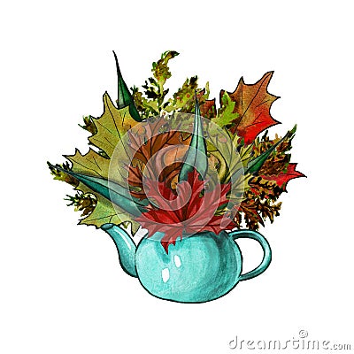 Watercolor autumn leaves in a pot Cartoon Illustration