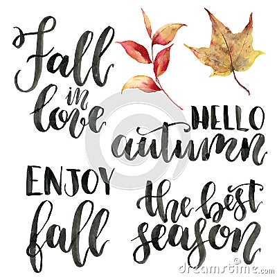 Watercolor autumn lettering phrases. Hand painted calygraphy set. Fall in love, hello autumn, enjoy fall, the best Stock Photo