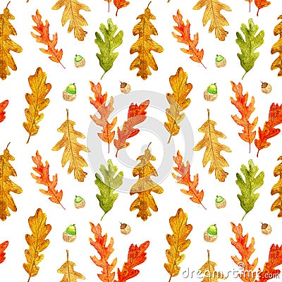 Watercolor autumn oak leaves and acorns seamless pattern Stock Photo