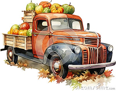 Watercolor autumn old pickup truck clipart pumpkins vintage farm fresh market harvest fall scenery farm life Thanksgiving Stock Photo