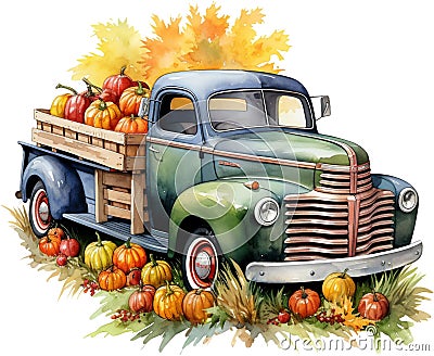 Watercolor autumn old pickup truck clipart pumpkins vintage farm fresh market harvest fall scenery farm life Thanksgiving Stock Photo