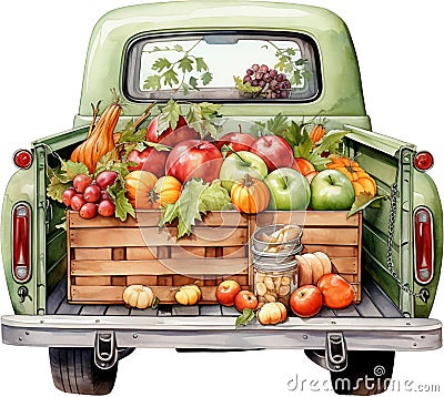 Watercolor autumn old pickup truck clipart pumpkins vintage farm fresh market harvest fall scenery farm life Thanksgiving Stock Photo