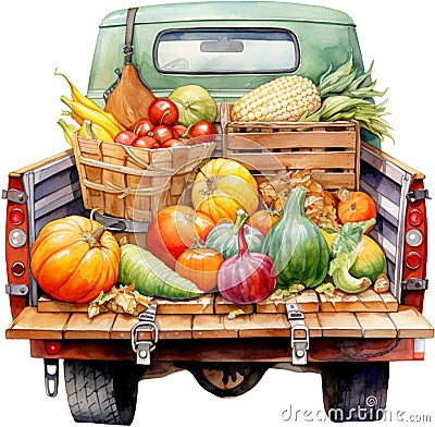 Watercolor autumn old pickup truck clipart pumpkins vintage farm fresh market harvest fall scenery farm life Thanksgiving Stock Photo