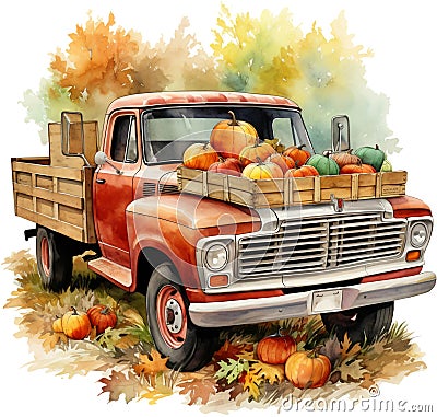 Watercolor autumn old pickup truck clipart pumpkins vintage farm fresh market harvest fall scenery farm life Thanksgiving Stock Photo