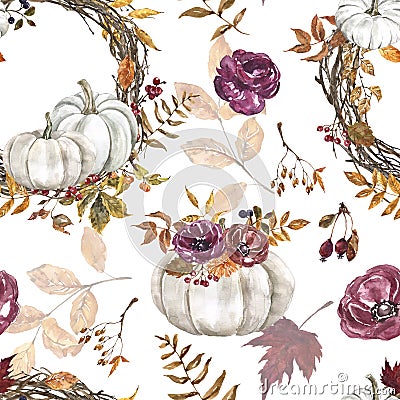 Watercolor autumn pumpkin seamless pattern. Fall print with pumpkins, flowers and leaves on white background Stock Photo