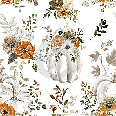 Watercolor autumn pumpkin seamless pattern. Fall rpint with white pumpkins, orange and brown flowers, dry leaves Stock Photo