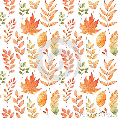 Watercolor autumn seamless pattern. Fall leaves, acorns, berries, spruce branch. Forest design elements. Hello Autumn! Perfect for Stock Photo