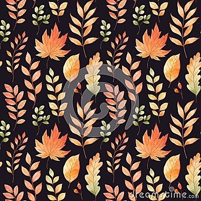 Watercolor autumn seamless pattern. Fall leaves, acorns, berries, spruce branch. Forest design elements. Hello Autumn! Perfect for Stock Photo