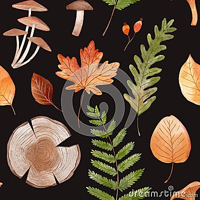 Watercolor autumn seamless pattern. Fall leaves and forest elements. Maple, fern, berry, mushrooms, annual rings. Red, orange, Stock Photo