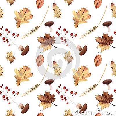 Watercolor autumn seamless pattern hand painted leaves thanksgiving holiday Stock Photo