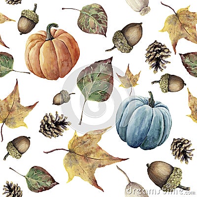 Watercolor autumn seamless pattern. Hand painted pine cone, acorn, berry, yellow and green fall leaves and pumpkin Cartoon Illustration