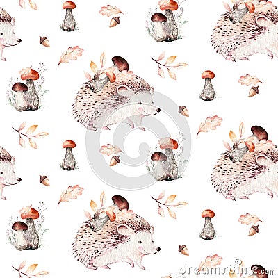 Watercolor autumn seamless pattern with hedgehog, mashrooms, branches, leaves and berries. Set of autumn forest plants Stock Photo