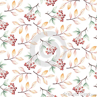 Watercolor autumn seamless pattern with mashrooms, branches, leaves and berries. Set of autumn forest plants. Collection Stock Photo