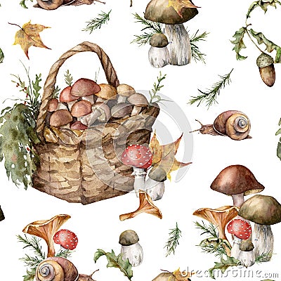 Watercolor autumn seamless pattern with mushrooms, basket and snail. Hand painted amanita muscaria, chanterelle, boletus Stock Photo