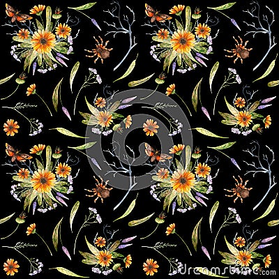 Watercolor Halloween pattern of flowers and butterflies Stock Photo