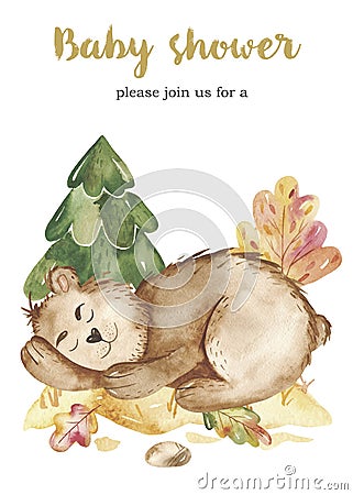 Watercolor autumn set, card with a cute cartoon sleeping bear, a barrel of honey, wood. Stock Photo