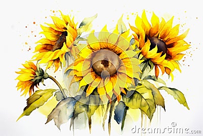 Watercolor autumn sunflowers on white background. Floral watercolor illustration for design, print, fabric or background Cartoon Illustration