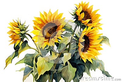 Watercolor autumn sunflowers on white background. Floral watercolor illustration for design, print, fabric or background Cartoon Illustration