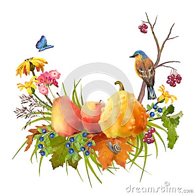 Watercolor Autumn Thanksgiving Composition Stock Photo