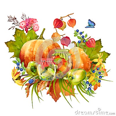 Watercolor Autumn Thanksgiving Composition Stock Photo