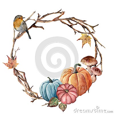 Watercolor autumn tree branch, bird and pumpkin wreath. Hand painted wreath with robin, mushroom and leaves on white Stock Photo