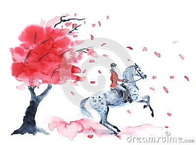 Watercolor autumn tree with red leaves and rider and on dapple grey rearing up Cartoon Illustration