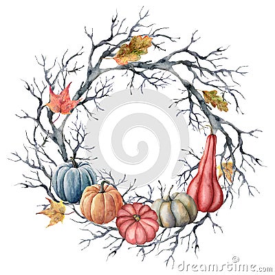 Watercolor autumn wreath with leaves and pumpkins. Hand painted fall template card with tree branch isolated on white Stock Photo