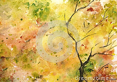 Watercolor autumn yellow orange green tree leaf foliage branch texture background Stock Photo