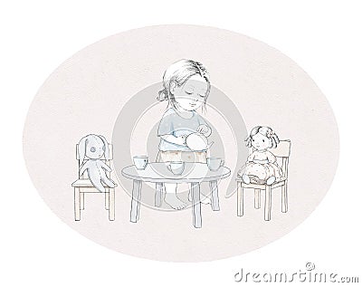 Watercolor baby girl, doll, bunny, dishes and furniture on oval pink backdrop Cartoon Illustration