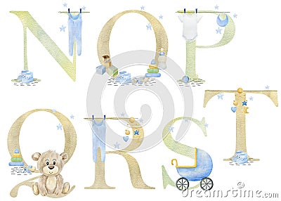 Watercolor baby letters. Stock Photo