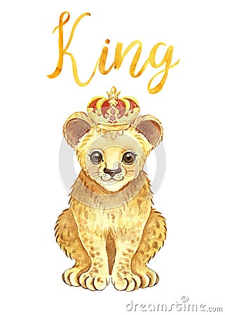 Watercolor baby lion isolated. Cute lion cub in a crown and hand lettering word king on white background. Cartoon illustration Cartoon Illustration