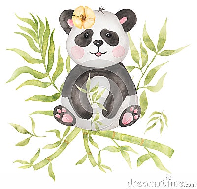 Watercolor Baby Panda clipart. Safari animal, bamboo bouquet, tropical flower wreath, Forest bear clip art, baby shower, kids Stock Photo