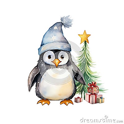 Watercolor Baby Penguin Animal With Christmas Tree Clipart, Watercolor Clip art, Cute Animal PNG, Forest Animals PNG Stock Photo